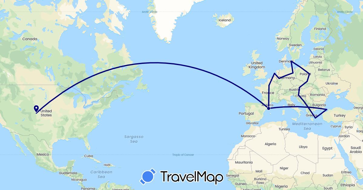 TravelMap itinerary: driving in Austria, Bosnia and Herzegovina, Germany, Denmark, Spain, France, Greece, Croatia, Netherlands, Poland, Turkey, United States (Asia, Europe, North America)